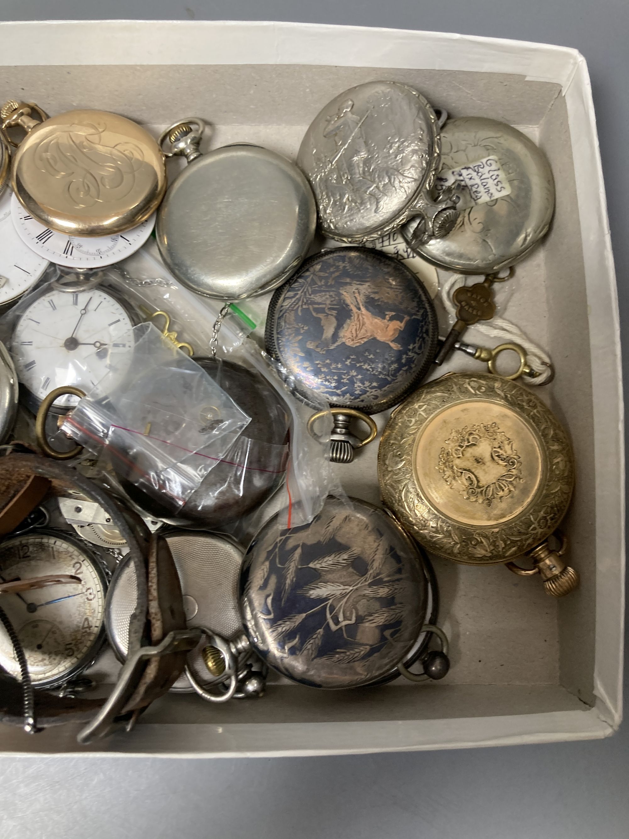 A collection of assorted mainly base metal pocket watches, movement etc. including niello, early 20th century wrist watch and a silver pair cased pocket watch (mainly a.f.).